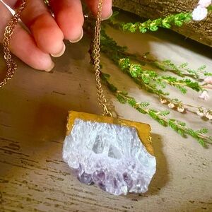 Amethyst Necklace Crystal Pendant with gold leaf frame & gold plated chain.